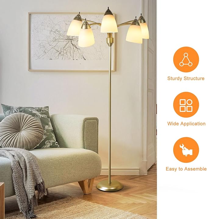 DINGLILIGHTING Floor Lamp Modern for Living: Flexible Gooseneck Floor Lamps Standing for Bedroom Home Office - Tall Floor Lights Gold 5-Light