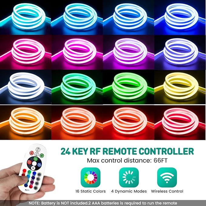 GZBtech RGB LED Neon Rope Lights 82FT/25M, AC 110-120V Waterproof Color Changing LED Rope with Remote Control, Dimmable Multi Color Strip Lighting for Indoor Outdoor Commercial Use, ETL Listed