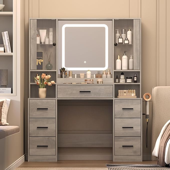 Grey Makeup Vanity Desk with Mirror & Lights, Modern Vanity Table with Charging Station, 7 Drawers, Glass Cabinet, Adjustable Shelves, Bedroom Dressing Table Set for Women & Girls