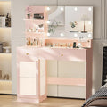 40" Vanity Desk with Large Mirror and Lights, Modern Glass Top Makeup Vanity Set with Power Outlet,Pink