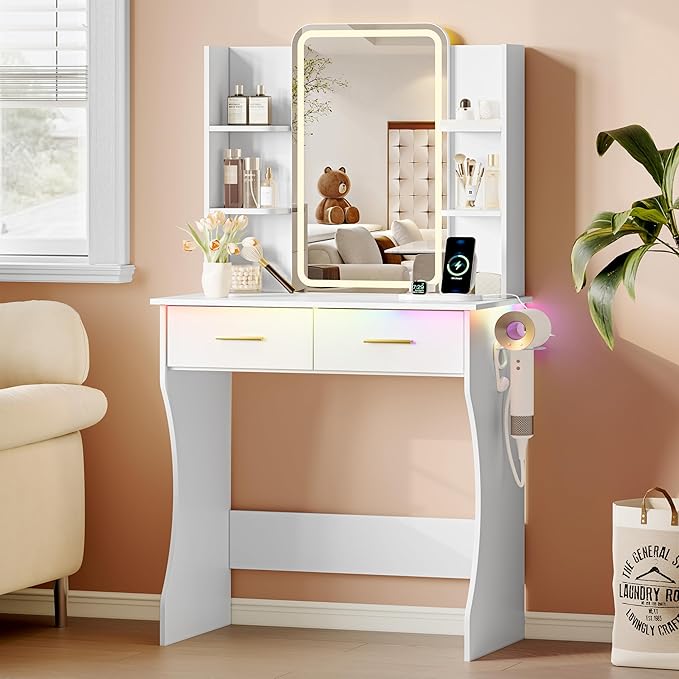 Vanity Desk with LED Lights Mirror & Power Outlet, Small Makeup Vanity Table Set with Storage Drawers, 3 Lighting Modes & Adjustable Brightness, Dressing Table for Women Girls Bedroom, White(NO Stool)