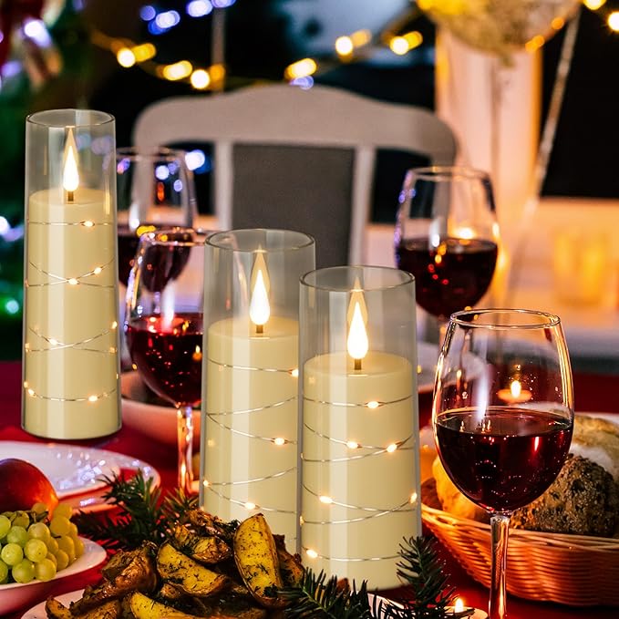 LED Flickering Candles with Remote Timer,Glass Flamless Pillar Candles Real Wax with 3D Wick Realistic,Warmth Decoration for Wedding Home Festival (Clear)