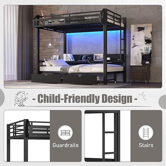 Bellemave Metal Full Over Full Size Bunk Bed Frame with Storage Drawers and Shelves,Heavy Duty Kids Bunk Beds with LED Lights and Charging Station for Teens,Adults,Convertible into a Sofa Bed,Black