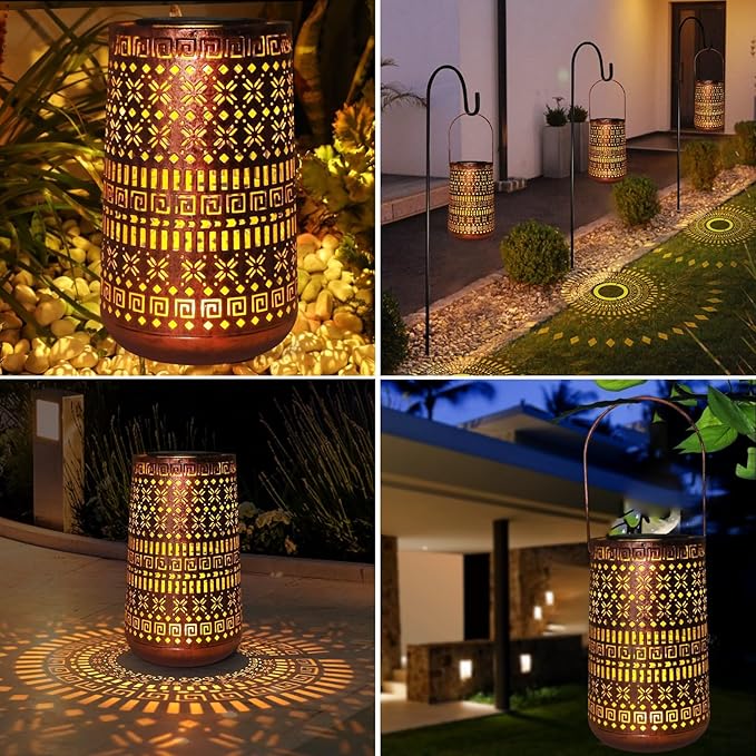Solar Lantern Outdoor Waterproof,Hanging Solar Lights Decorative Retro Metal Lanterns Lights for Garden Yard Backyard Porch Table Pathway Balcony Tree Lighting