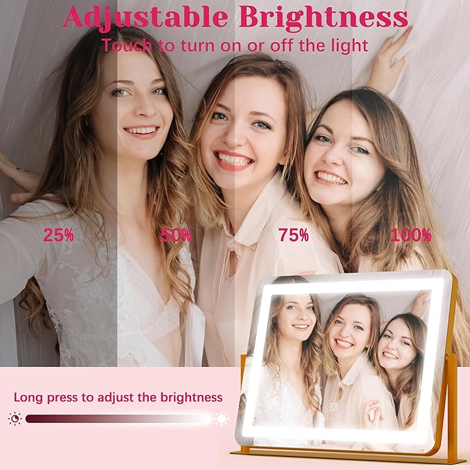 HNV Gold Vanity Makeup Mirror with Lights, 22"x17" Large Lighted Vanity Mirror, Dimmable LED with 3 Color Touch Lighting, Tabletop Mirror for Desk or Bedroom, 360° Rotation