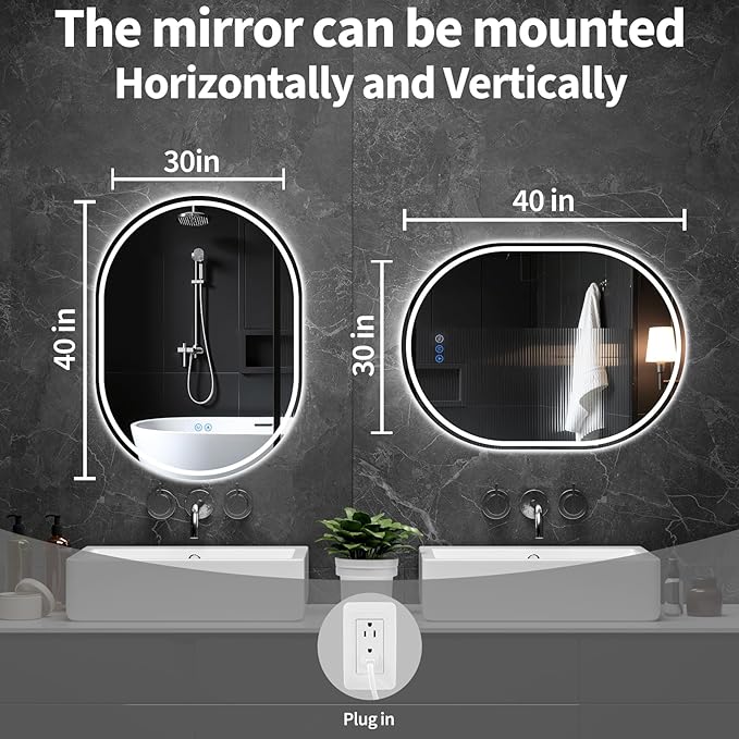 Oval LED Bathroom Mirror, 30"x 40" Frameless LED Mirror with Front Light and Backlit, Anti-Fog, Dimmable Modern Wall Mounted Lighted Mirror，Pill-Shaped Smart Mirror Bathroom