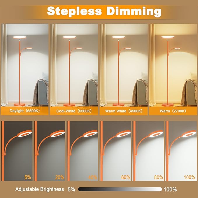 Orange Floor Lamp, 42W 4000LM Super Bright LED Lamp with Reading Light for Living Room Bedroom Office, Touch Control, Dimmable Standing Lamp with Remote