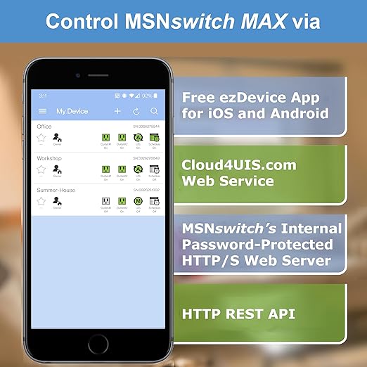 MSNswitch MAX 2-Outlet Internet Enabled Power Switch with Auto Reboot, Power Metering, Surge Protection & Noise Filtration - Ethernet & WiFi - Control via Smartphone, Cloud or API (Model UIS-801bc)