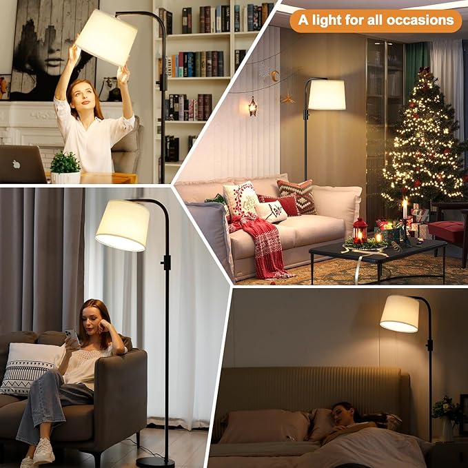 Ambimall 𝐅𝐮𝐥𝐥𝐲 𝐃𝐢𝐦𝐦𝐚𝐛𝐥𝐞 Floor Lamp - Floor Lamps with 9W 𝐋𝐄𝐃 Bulb, Standing Lamps for Living Room with Adjust Head, Modern Standing Tall Light Rotary Switch for Office(Black and Beige)