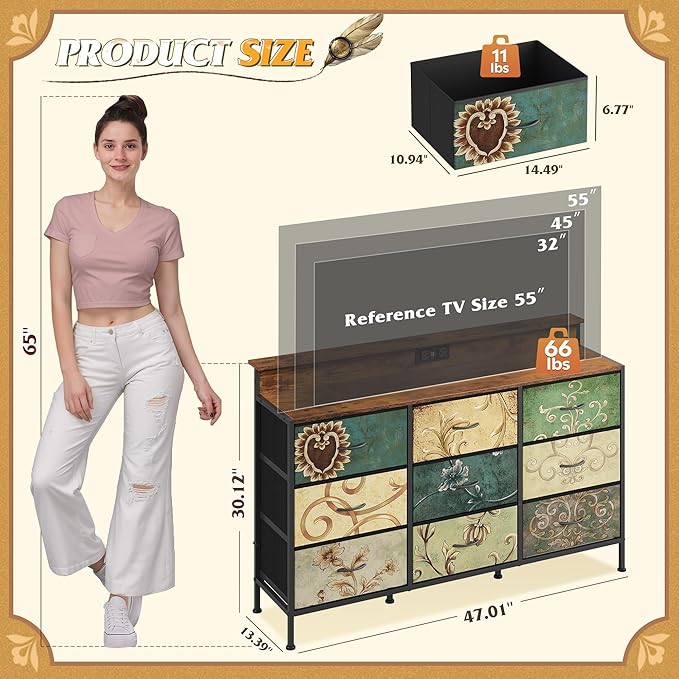 WLIVE Dresser TV Stand for 45, 50, 55 inch TV, Entertainment Center with LED Lights & Charging Station, Chest of Drawers with 9 Fabric Drawers and Open Shelves for Living Room, Hallway, Floral Painted