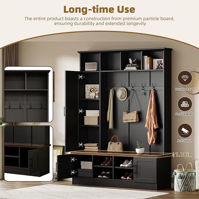 Modern 55‘’ Wide Hall Tree with 6 Hooks, Wood Brown Grain Minimalist Shoe Cabinet with Adjustable Shelves, Versatile Entryway Coat Rack for Living Room Hallway (Black-11A)