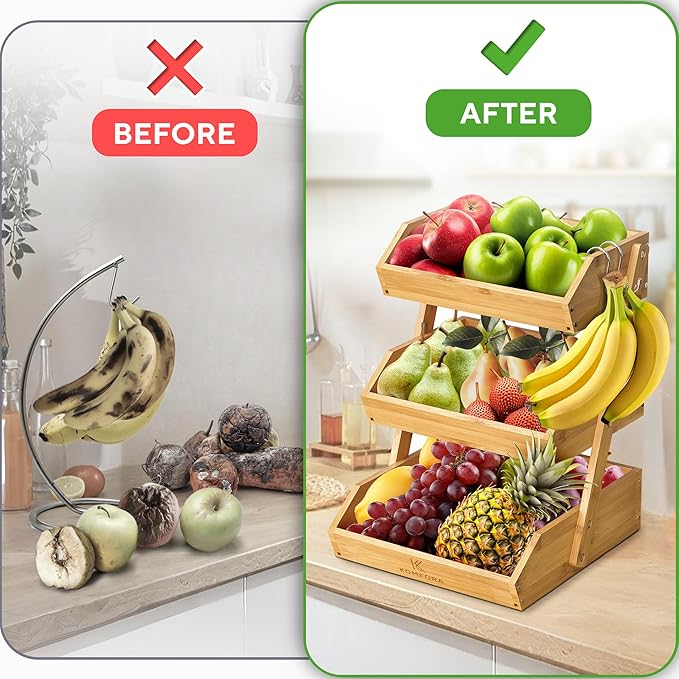 KOMFORA Bamboo Fruit Basket 3-Tier - Premium Produce Basket for Kitchen w/ 2 Hangers - Durable & Easy to Assemble Stand for Countertop - Perfect Holder for Vegetables, Bread, Snacks & More