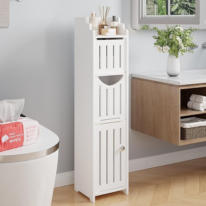 VECELO Bathroom Cabinet, Small Storage Cabinet with Toilet Paper Scroll,Corner Cabinet with Farmhouse Style Door for Bathroom Narrow Corner Space,Pearl White