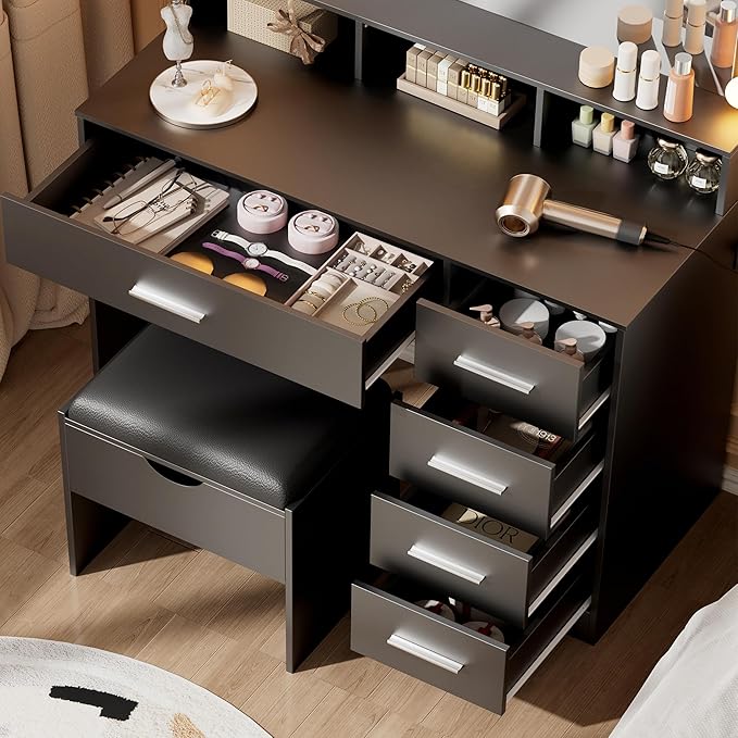 Vanity Desk with Mirror and Lights, 35.43" Large Mirror Makeup Table with Stool, 5 Drawers Dressing Table for Girls and Ladies Bedroom, Black