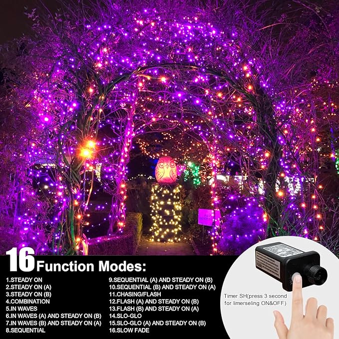 LAMPHOME 66ft Halloween Decorative Mini Lights, 200 LED Transparent Wire Fairy Starry String Lights Plug in, 16 Lighting Modes, for Halloween Decoration Outdoor Party Decoration (Orange and Purple)