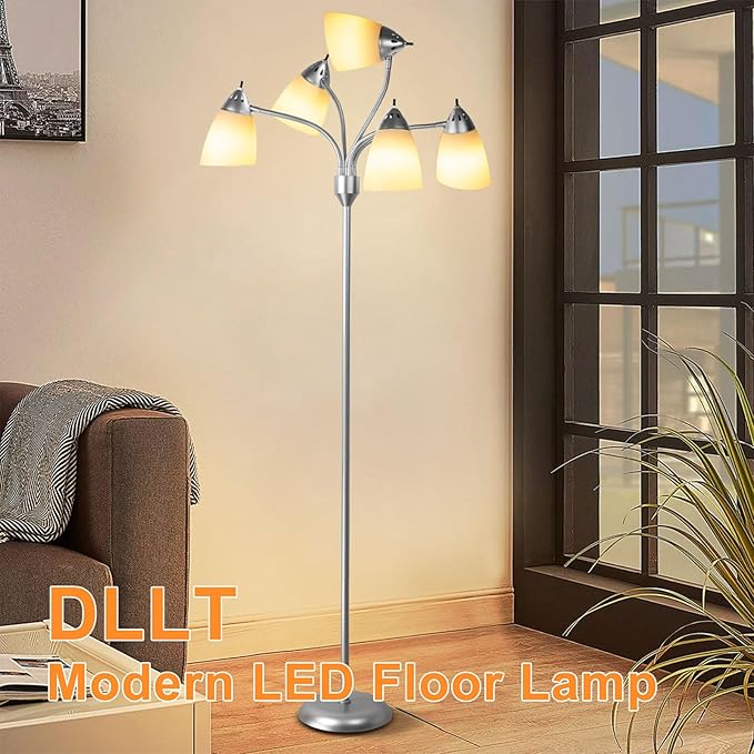 DINGLILIGHTING Floor Lamp Tall for Room: Flexible Gooseneck Floor Lamps Standing for Bedroom Home Office - Modern Floor Lights Silver 5-Light
