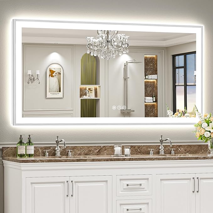 72x36 Brushed Nickel LED Bathroom Mirror with Lights, Sliver Framed Backlit and Front Lit Anti-Fog Lighted Vanity Mirrors for Bathroom Wall, Dimmable, 3 Colors, Memory, Tempered Glass, CRI＞90