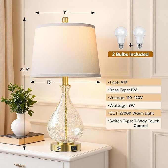 QiMH Glass Table Lamps for Living Room, Bedside Lamps Set of 2 with USB A+C Charging Ports, 3 Way Dimmable Touch Lamps for Nightstand, 22.5" Modern Table Lamp for Bedroom Office,Gold(Bulb Included)