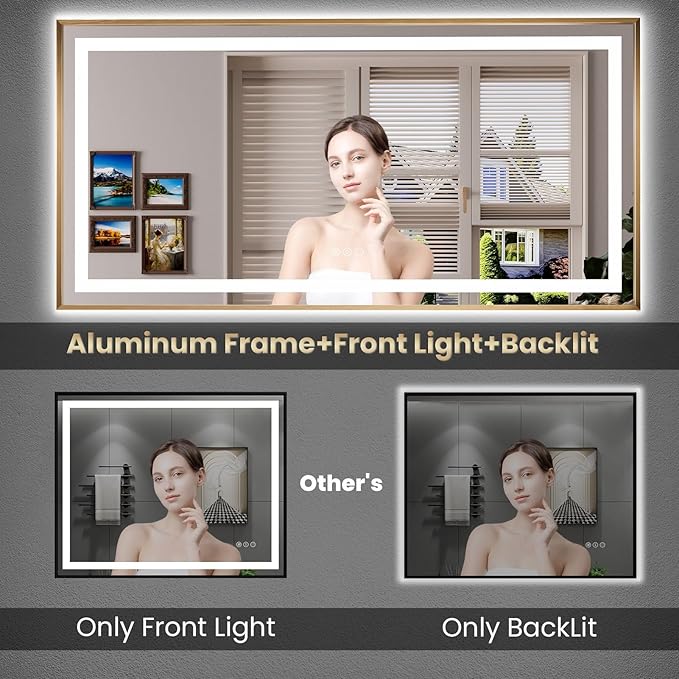 Amorho 60"x 36" LED Bathroom Mirror, Golden Metal Framed Mirror with Front Light and Backlit, Stepless Dimmable, Anti-Fog, Shatter-Proof, Memory, 3 Colors