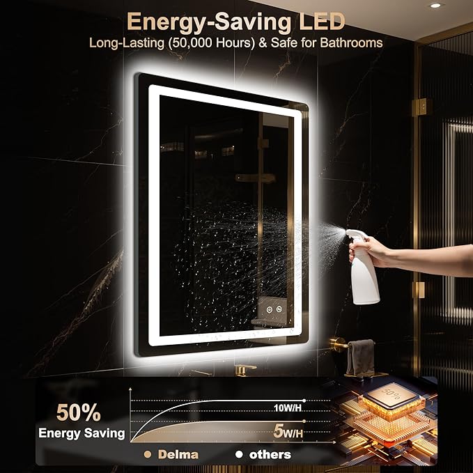 Delma LED Bathroom Mirror with Lights, 32x24 Vanity Mirror for Bathroom Wall, Anti-Fog, Dimmable, Front Lit & Backlit, Memory Function, Shatterproof Tempered Glass, 3 Color Modes(Horizontal/Vertical)