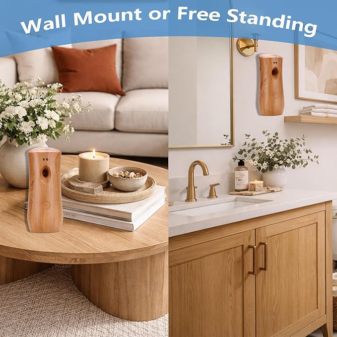 Automatic Air Freshener Spray Dispenser (2-Pack) Wall Mounted or Free Standing, Commercial and Home Use, Multiple Time Scent/Mist Release Settings for Room/Restroom Sprayer (Wood1101)