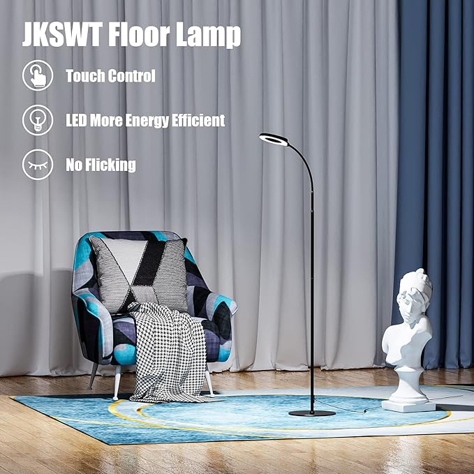 JKSWT LED Floor Lamp, 3 Brightness Levels Eye-Caring Dimmable Standing Reading Lamp 4000K Colors temperatures with Adjustable for Living Room Bedroom Reading - Black