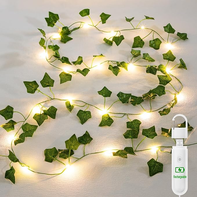 Vine with Fairy Lights Rechargeable, 6.56ft Ivy Leaf with 20 LED, 8 Mode and Timer USB Removable Battery Compartment Twinkle String Light for Indoor/Outdoor, Wedding Party Room Wall Decor, Warm White