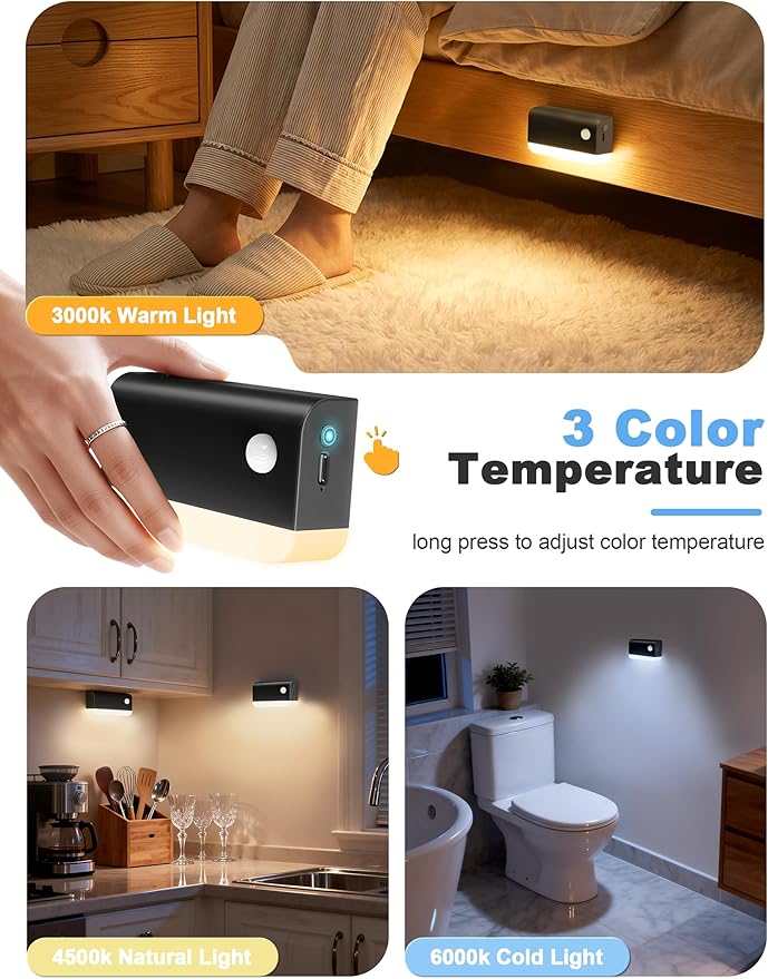 NIORSUN Motion Sensor Stair Lights Indoor, 3 Pack Rechargeable Wireless Step Lights with 3 Color Temperatures, 1200mAh Battery, Magnetic Base for Hallway, Closet, Bathroom, Black