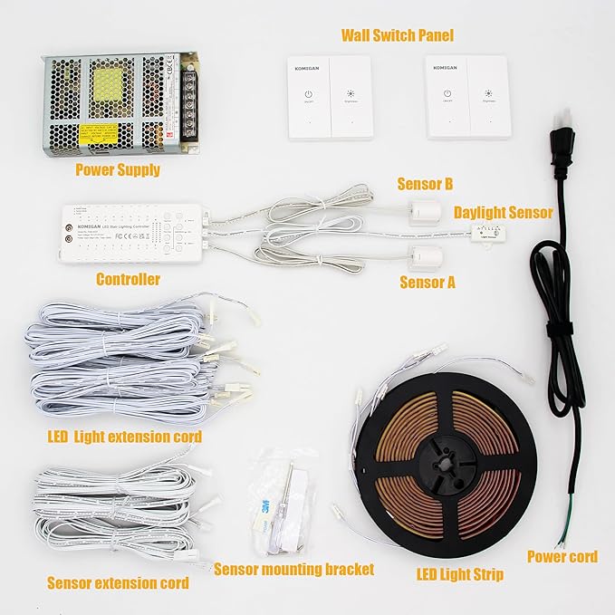 Motion Sensor with Daylight Sensor LED Stair Light Kit KMG-4233, Multiple Functions with Switch Panel Control, 40 Inches Light Strip for Indoor Use (Cool White 6000K, 16 Stairs)