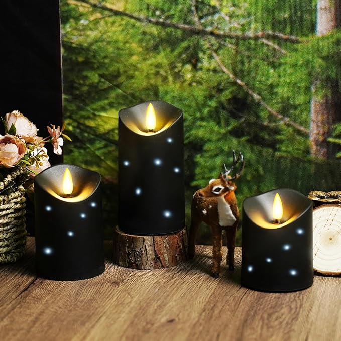 Outdoor Waterproof Flickering Flameless Candles with Embedded Star String,3Pcs LED Pillar Candles Battery Operated with Remote and Timers for Courtyard,Porch,Camping,Holiday Decoration(Black)