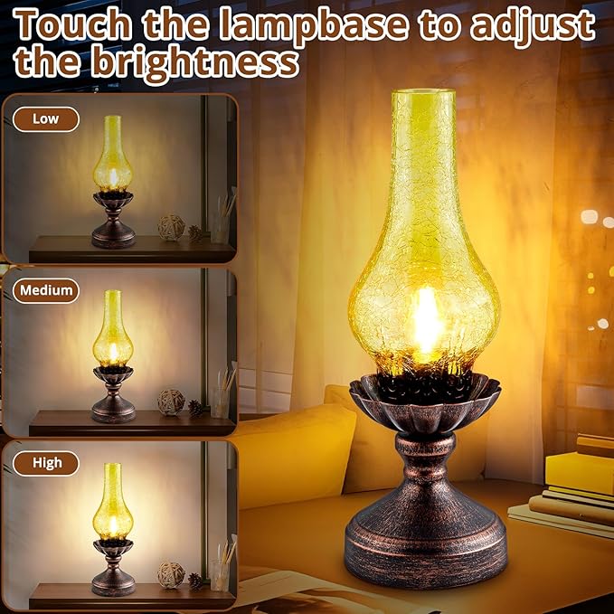 Touch Control Vintage Table Lamp | 3-Way Dimmable Rustic Retro Farmhouse Bedside Lamp with Amber Glass Shade and LED Bulb for Bedroom, Living Room, Cabin, Office
