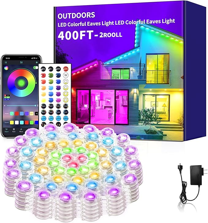 Permanent Outdoor Lights 400ft Smart Outside RGB LED Christmas Light, App Control Remote IP67 Waterproof Eternity Eaves Lighting for Halloween，House，Patio Decor ，Garden Decor, Decorations