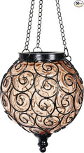 Solar Hanging Lantern Outdoor Garden Lights, Round Glass and Metal Hanging Lantern, 15 Firefly LED Lights, 7 x 20 Inch, Amber