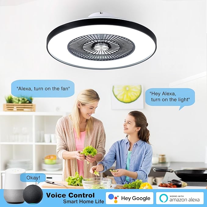 24" Bladeless Ceiling Fans with Lights and Remote/APP/Voice Control, Low Profile Ceiling Fan with RGB Lights, Enclosed Flush Mount Ceiling Fan for Kid's Bedroom/Living Room