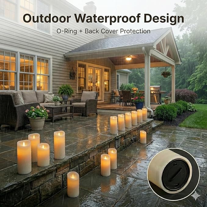 Enido Flameless Candles Led Candles Pack of 12 Battery Candles (D2.15'' x H4''5''6'') Waterproof Outdoor Indoor Candles with 10-Key Remotes and Cycling 24 Hours Timer (Plastic)