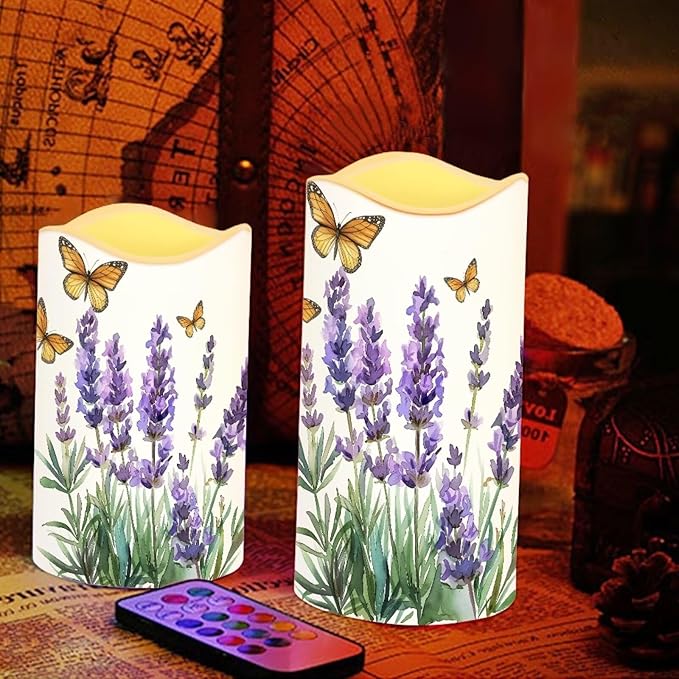 Lavender Butterfly Flameless Candles Bulk Timer Battery Operated Candles with Remote Color Changing Electric Pillar Led Candles Room Home Dining Table Decorations Tea Light