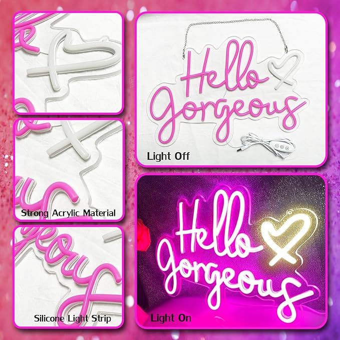 Hello Gorgeous Neon Sign Pink LED Neon Lights for Home Wedding Birthday Backdrop Bacelorette Party Wth Dimmable Switch(5V, 16.5"*11")