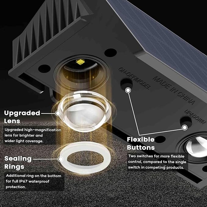 Fence Lights Solar Powered, 8-Pack Solar Fence Lights Up/Down Flexible Buttons, IP67 Waterproof for Outdoor, 100LM Bright, Auto Dusk to Dawn for Wall/Stairs/Yard/Railing/Deck/Pathway (Warm White)