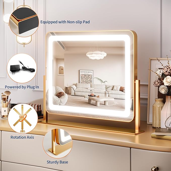 19.6 in x15.7 in Vanity Mirror with Lights, Large Lighted Mirror, LED Makeup Mirror with 3-Color Dimmable Modes and Smart Touch Control, Perfect for Desk or Bedroom, Vanity Desk Tabletop Makeup, Gold