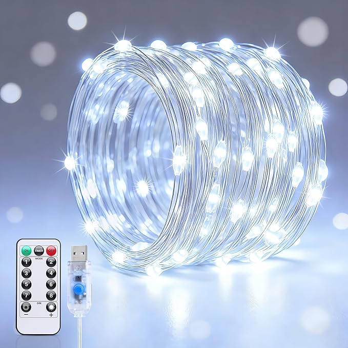 JMEXSUSS White LED Fairy Lights USB Plug in, 33ft 100 LED Twinkle String Lights with Remote for Bedroom, Living Room, Balcony, Birthday Party, Wedding, Tree, Wall, Centerpiece, Christmas