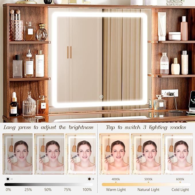 Vanity Desk with Large 27.2" Mirror and Lights 47.2" Fluted Makeup, 5 Drawer Vanity with Power Strip, 4 Open Shelves, 2 Cabinet, Modern Bedroom Vanity Featuring Visual Transparent Glass. Brown