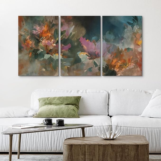 wall26 Canvas Print Wall Art Set Expressive Abstract Florals in Deep Greens and Warm Accents Illustrations Modern Art Decorative Multicolor for Living Room, Bedroom, Office - 24"x36" x 3