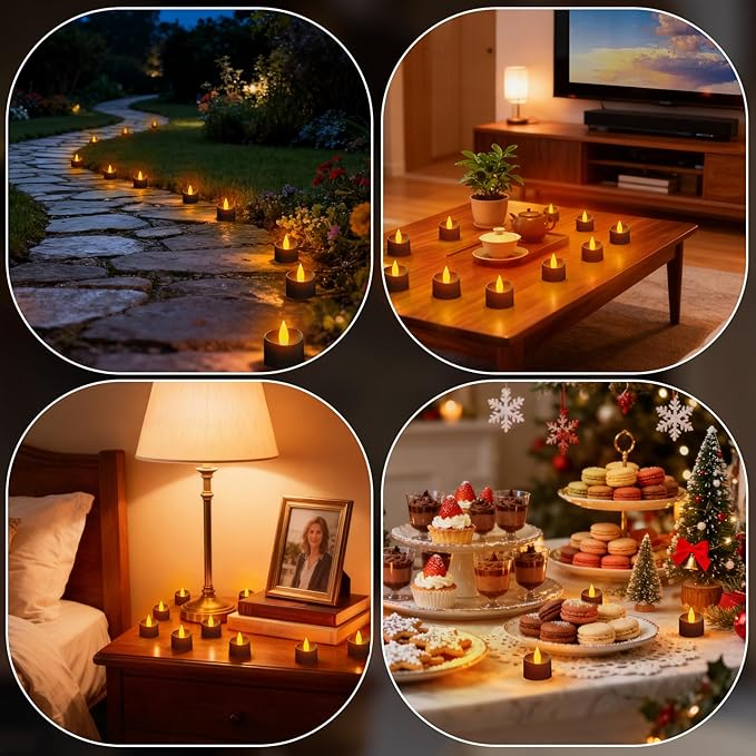 Black Flameless Tea Lights - 12 Pack Modern LED Candles for Men, Memorial Decor, Gothic Weddings & Industrial Home Style (Black Base, 12 Pack)
