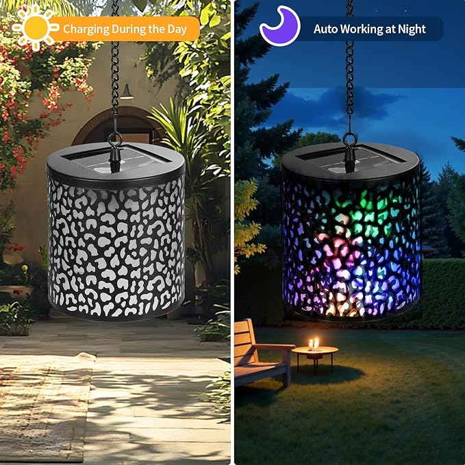 Hanging Solar Lights Outdoor Waterproof: RGB Hanging Lights with S Hooks Decor Iron Art Outdoor Solar Lantern in Garden, Pathway,Yard, Front Door and Landscape (1)