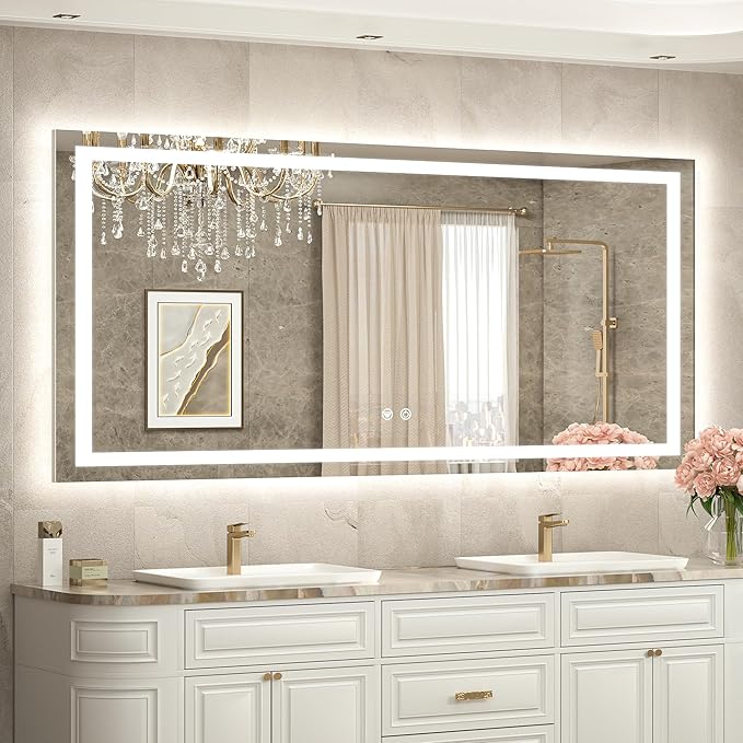 TETOTE 60 x 30 LED Lighted Bathroom Mirror with Lights, Brighter Front and Backlit Light up Mirror for Bathroom Vanity Wall, 3-Color Dimmable Illuminated Antifog Mirror, Waterproof, Tempered Glass