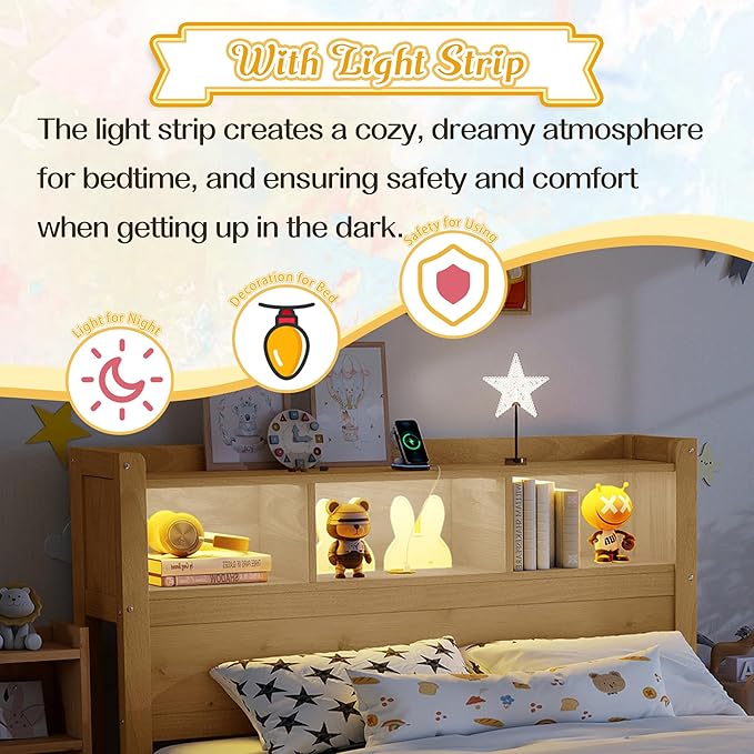 Kids Full Bed Frame with Drawers & Storage Headboard, Solid Wood Platform Bed with Pull-Out Cabinet, Built-in LED Light & Charging Station, No Box Spring Needed, Natural