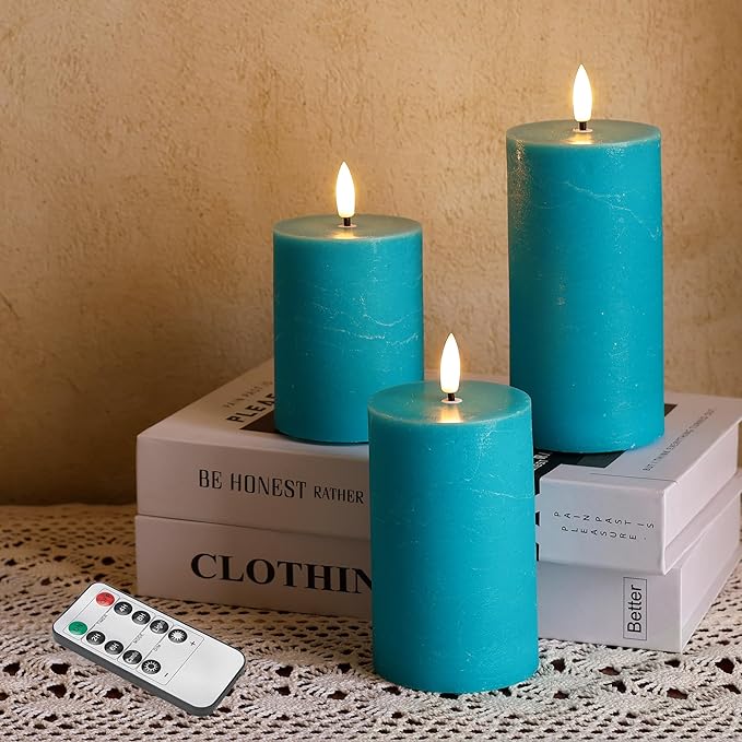 Teal Flameless Candles, Real Wax Battery Operated Candles with Remote, Flat Top Flickering LED Pillar Candles for Home Party Wedding Holiday Decor, Set of 3 (H 4" 5" 6" x D3)