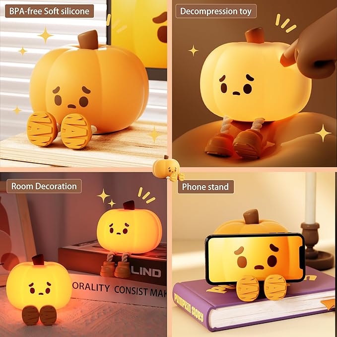 Cute Pumpkin LED Night Light, 3 Level Dimmable Nursery Nightlight, Silicone Soft Light Lamp Gift, Rechargeable Bedroom Touch Lamp for Breastfeeding, Kids, Girl, Boy, Halloween Decor (Pumpkin shape)