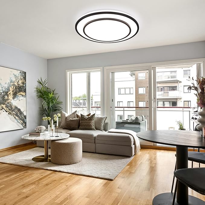Black LED Flush Mount Ceiling Light Fixture 5CCT, Dimmable Light Fixture Ceiling Mount 16" 24W, Overhead Modern Close to Ceiling for Living Room, Foyer, Kitchen, Bedroom