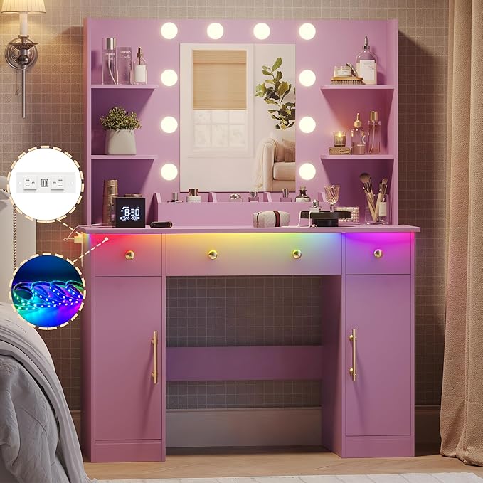 Makeup Vanity Desk with Mirror and Lights, 43" Purple Vanity Set with 3 Drawers, Power Outlet & Adjustable RGB LED Lights, Dressing Table with Storage Shelf for Women & Girls Bedroom